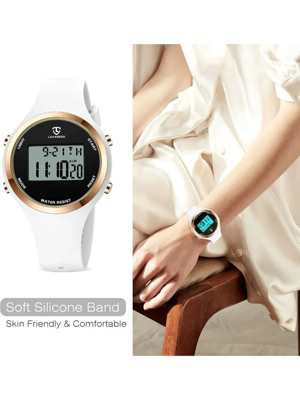 Women's White Quartz Chronograph Waterproof Outdoor Sport Alarm Digital Watch